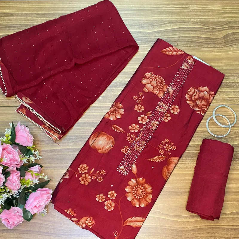 Maroon cotton unstitched suit with floral prints and mirror work