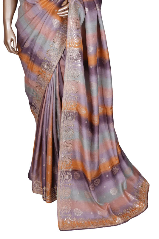 Soft silk lavender multi-stripe saree with Banarasi buta and gota work border