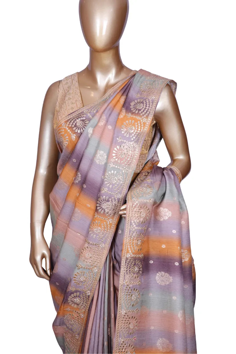 Soft silk lavender multi-stripe saree with Banarasi buta and gota work border