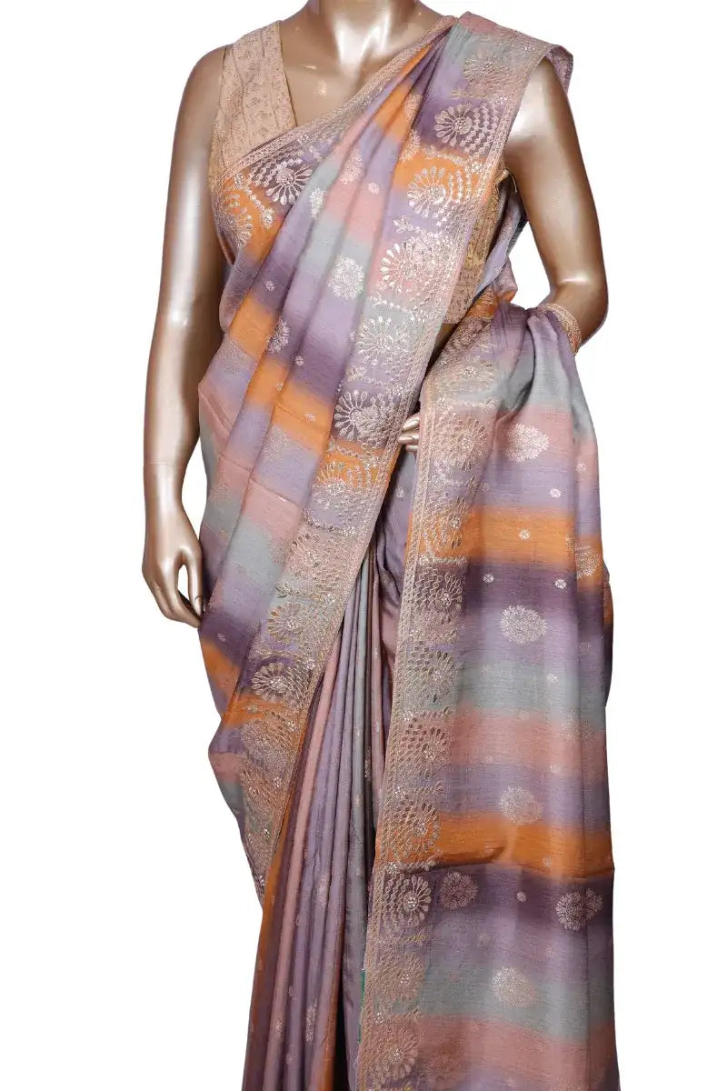 Soft silk lavender multi-stripe saree with Banarasi buta and gota work border