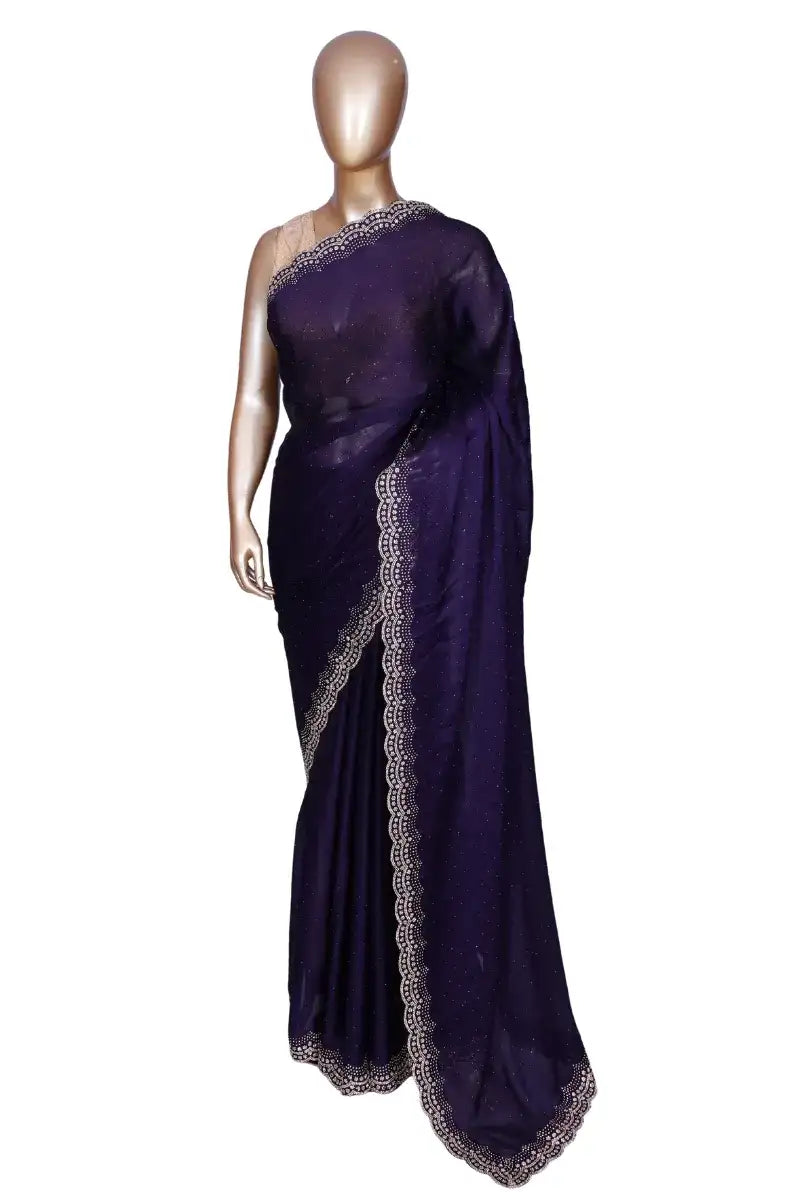 Soft crepe dark purple saree with Swarovski crystal scallop border
