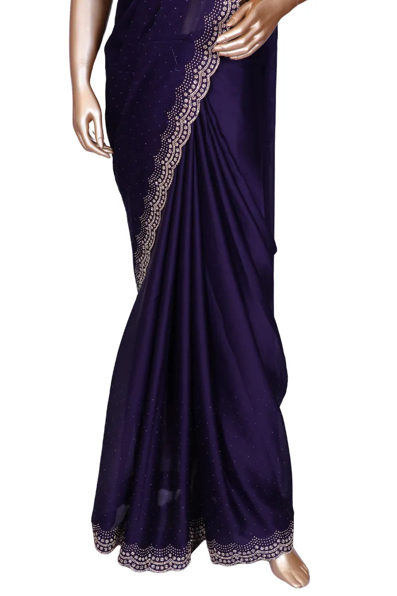 Soft crepe dark purple saree with Swarovski crystal scallop border