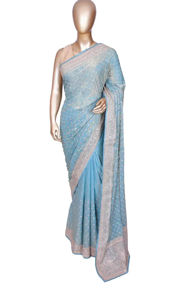 Crush tissue ice blue saree with zari embroidery