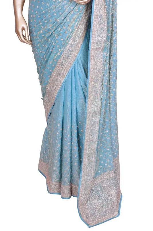 Crush tissue ice blue saree with zari embroidery