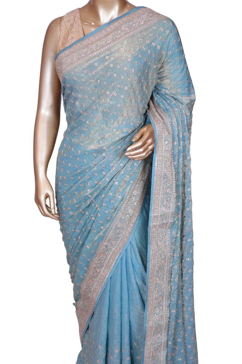 Crush tissue ice blue saree with zari embroidery