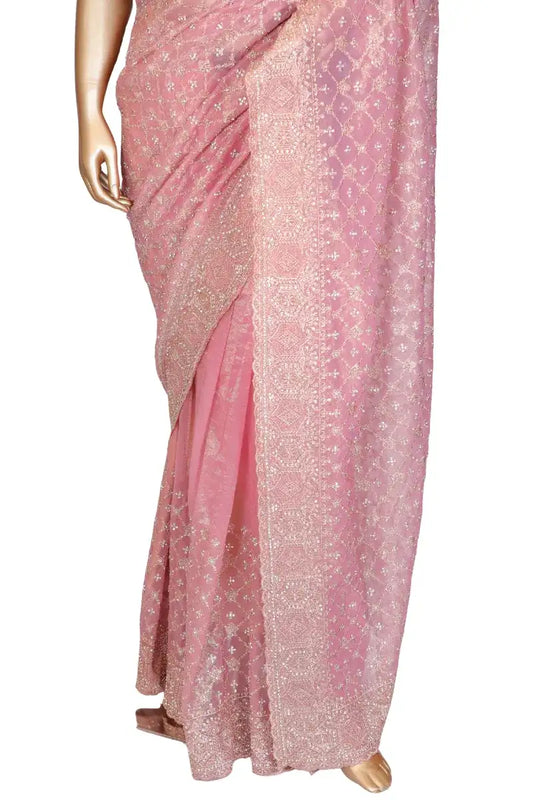 Soft tissue pink saree with zari embroidery and crystal work
