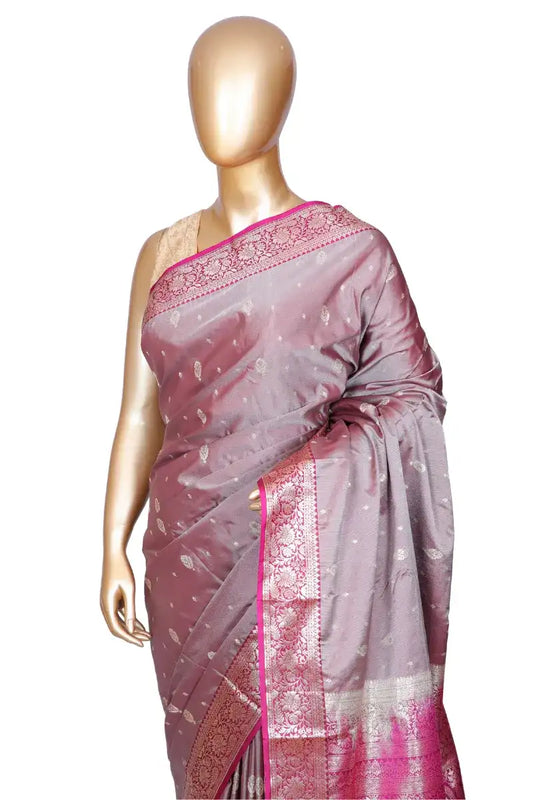 Grey handloom silk saree with magenta contrast blouse