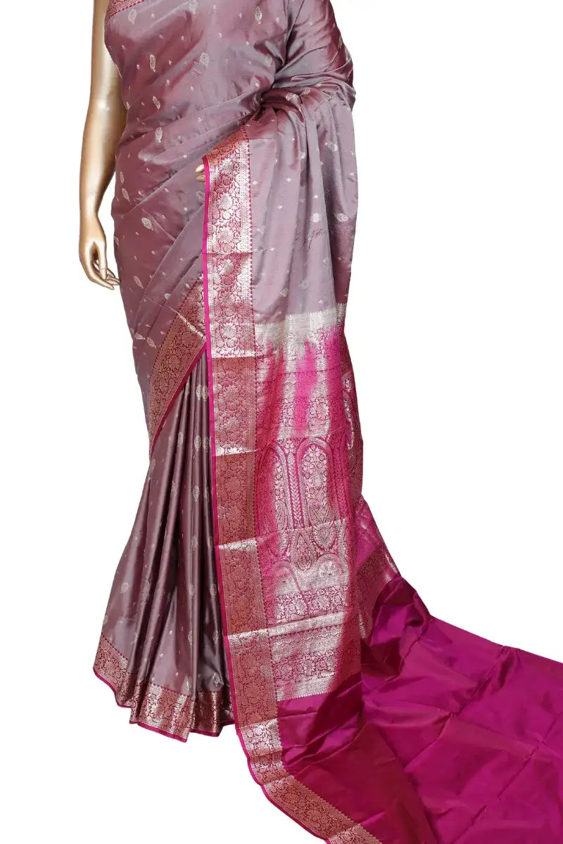 Grey handloom silk saree with magenta contrast blouse