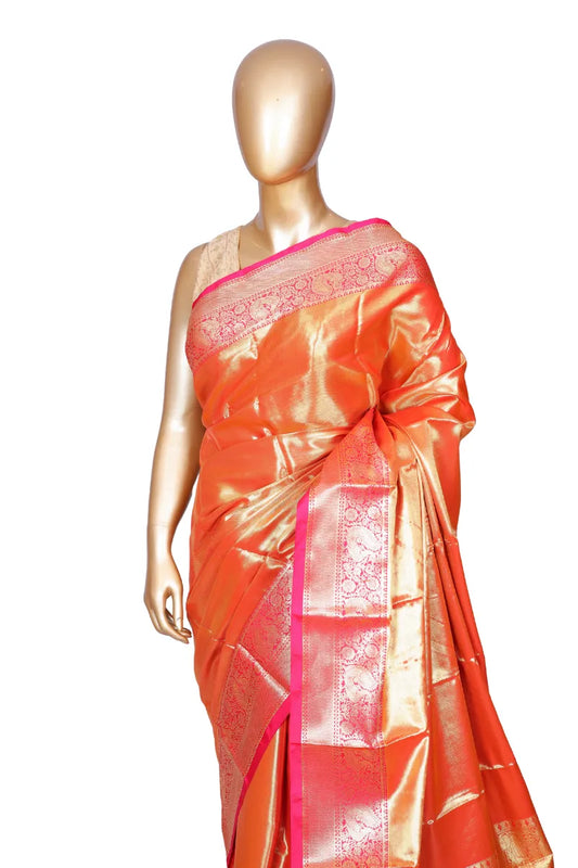 Rani pink handloom silk saree with full zari weaving