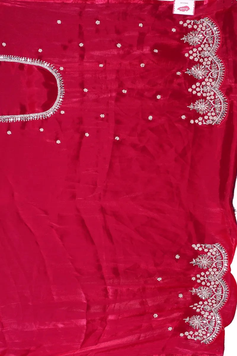 Rani pink designer soft organza saree with pearl, mirror, and zardozi handwork