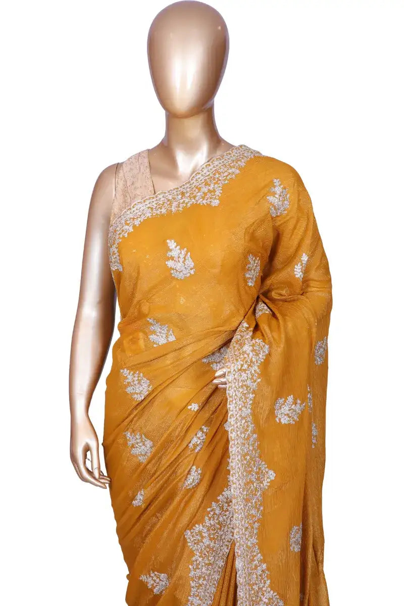 Mustard metallic chiffon saree with pita zari embroidery