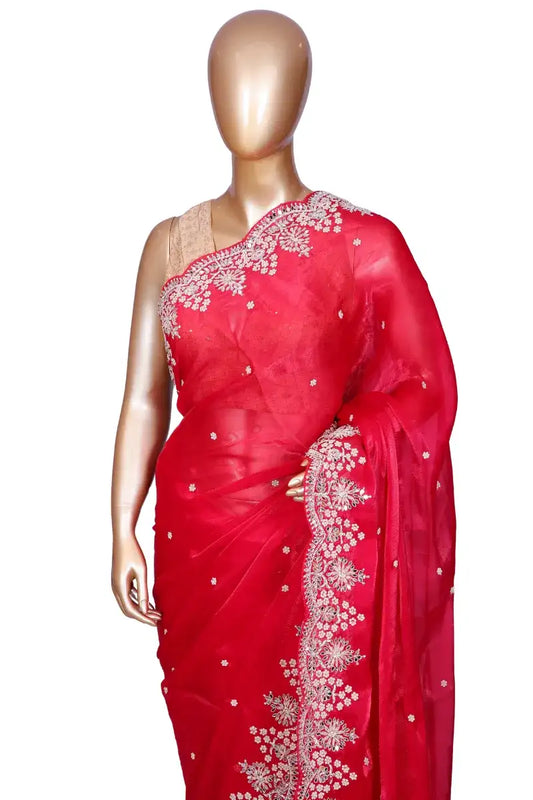 Rani pink designer soft organza saree with pearl, mirror, and zardozi handwork