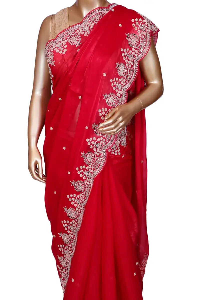 Rani pink designer soft organza saree with pearl, mirror, and zardozi handwork