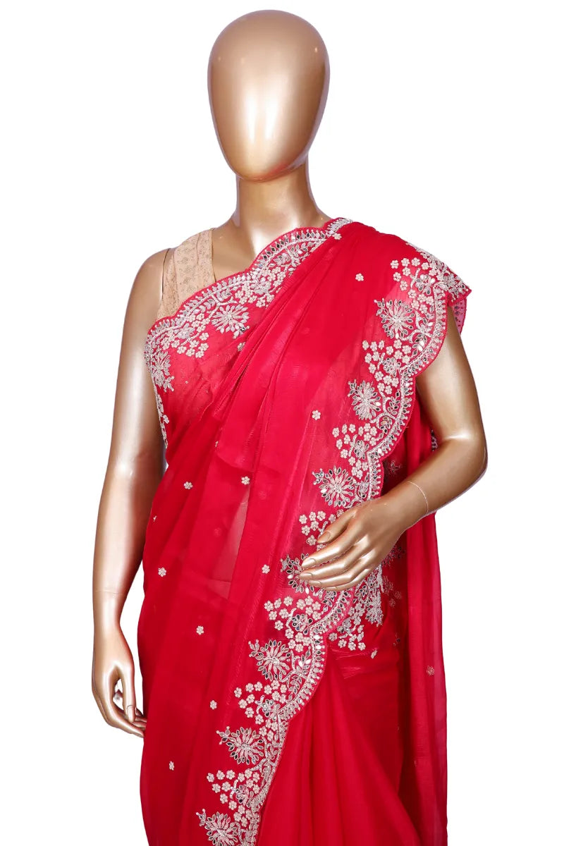 Rani pink designer soft organza saree with pearl, mirror, and zardozi handwork