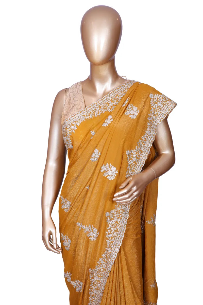 Mustard metallic chiffon saree with pita zari embroidery