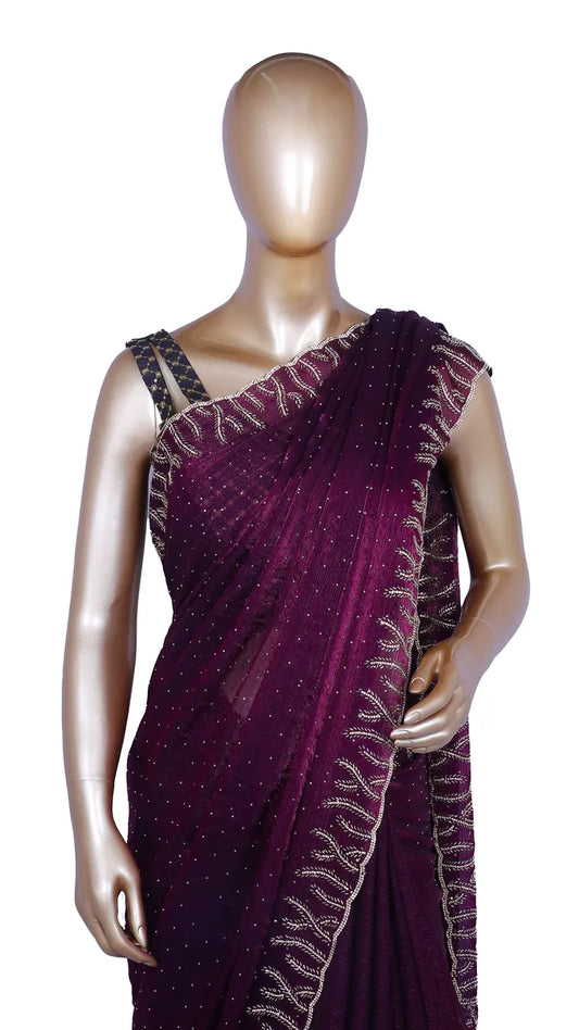 Wine soft metallic organza saree with machine-pressed Swarovski crystal work border