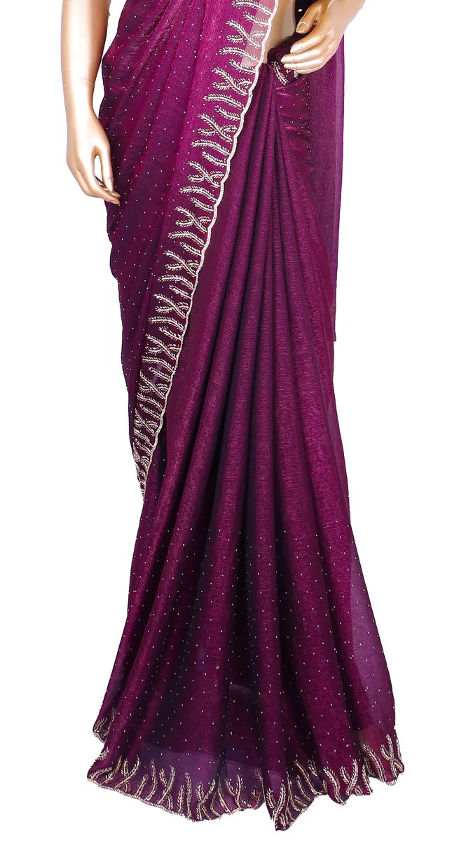Wine soft metallic organza saree with machine-pressed Swarovski crystal work border