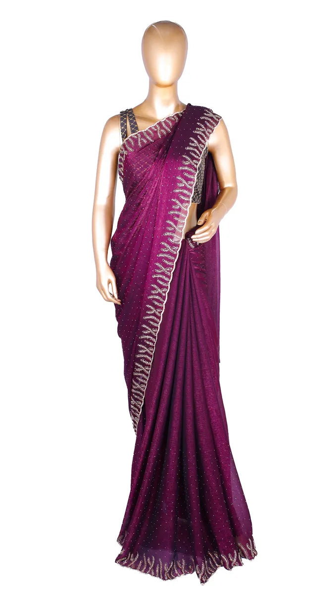 Wine soft metallic organza saree with machine-pressed Swarovski crystal work border