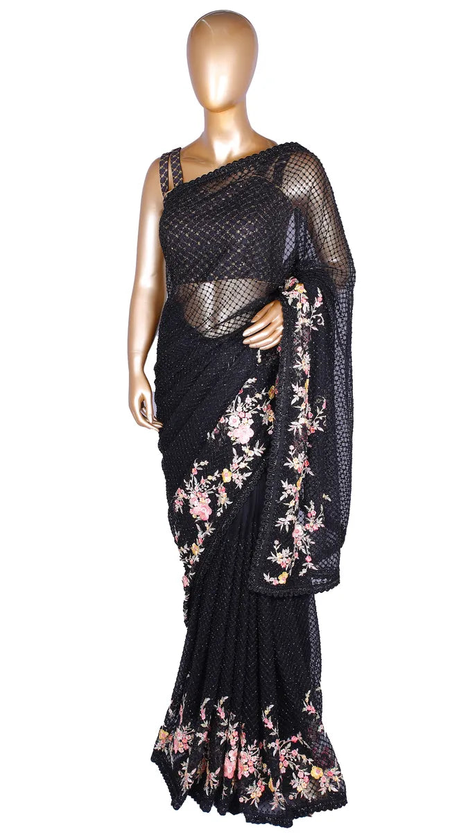 Black Kashmiri Resham Designer Net Saree