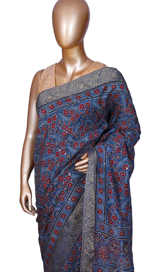 Indigo Blue Ajrak Print Saree with Mirrorwork