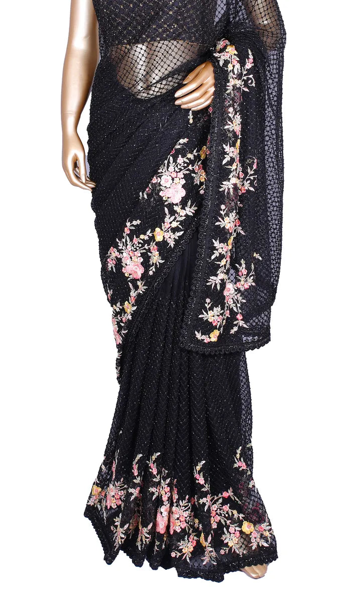 Black Kashmiri Resham Designer Net Saree