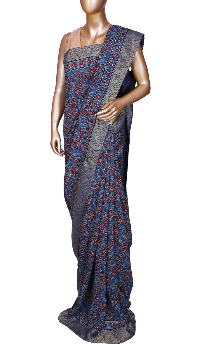 Indigo Blue Ajrak Print Saree with Mirrorwork