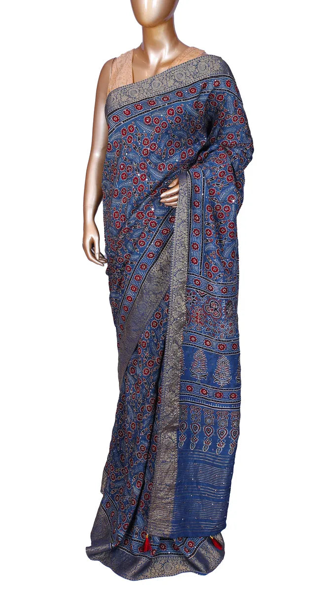 Indigo Blue Ajrak Print Saree with Mirrorwork