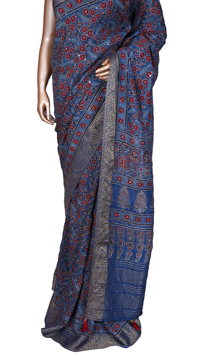 Indigo Blue Ajrak Print Saree with Mirrorwork
