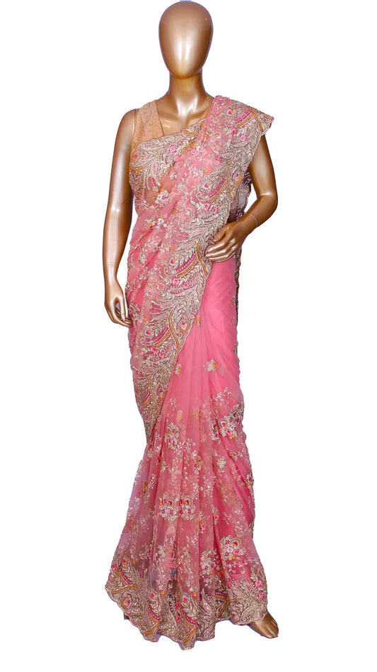 Pink Kashmiri Resham Net Saree with Stone highlights