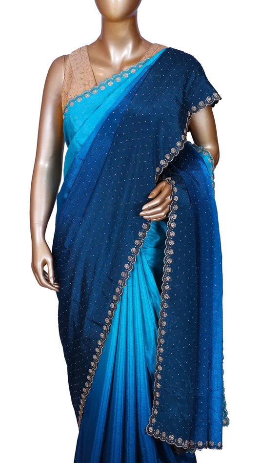Blue Ombré Soft Crepe Saree with Sworoski
