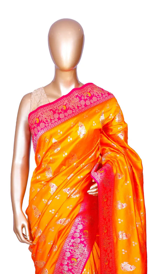 Sunset yellow Bangalore soft silk saree with Banarasi zari weaving and contrast border, pallu, and blouse