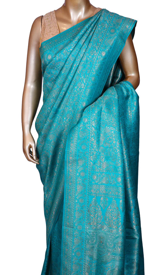 Firozi blue Bangalore soft silk saree with zari weaving