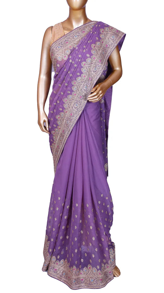 Lavender crepe chiffon saree with subtle zari embroidery