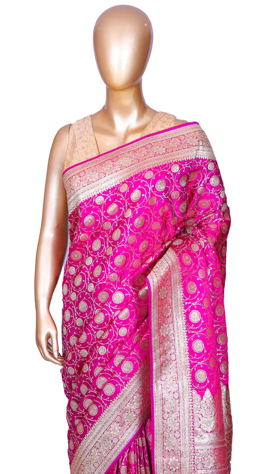 Magenta Pink Banarasi woven Silk Saree with Sworoski highlights