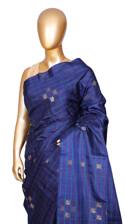 Navy blue pure silk saree with checks pattern and contrast Firozi pallu and blouse