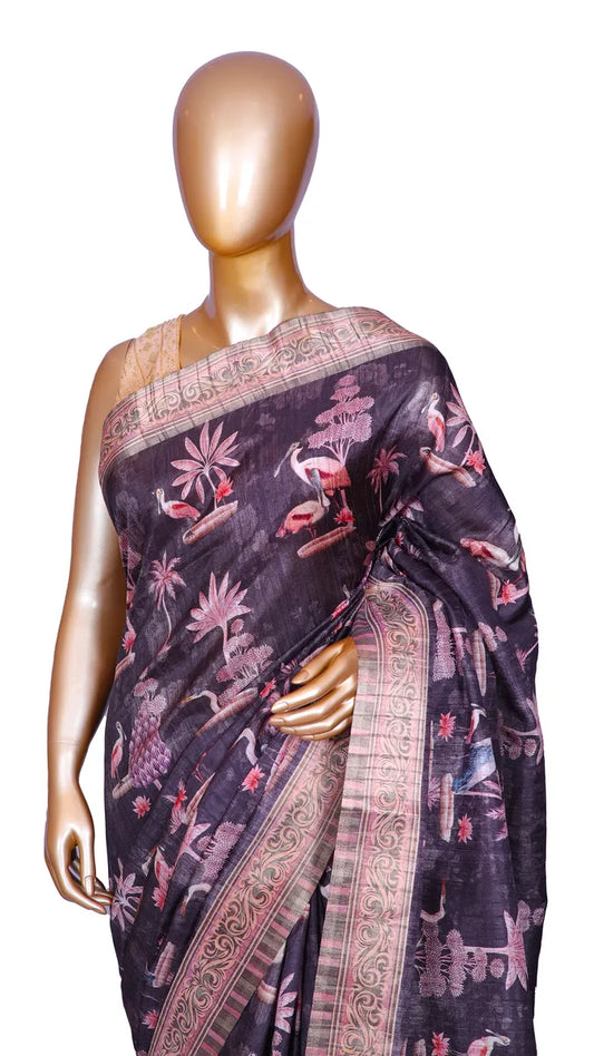 Black tussar blend saree with swan and floral prints