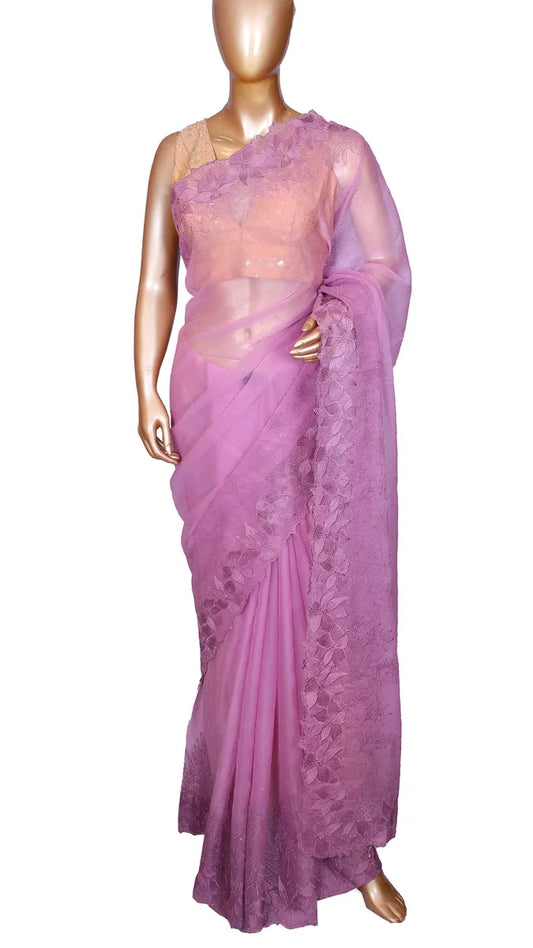 Lavender marble chiffon designer saree with self-thread embroidery and cutwork