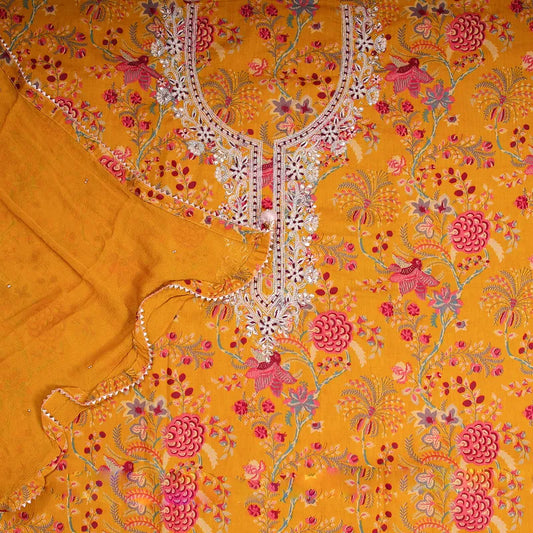 Mustard cotton unstitched suit with floral prints and zardozi handwork