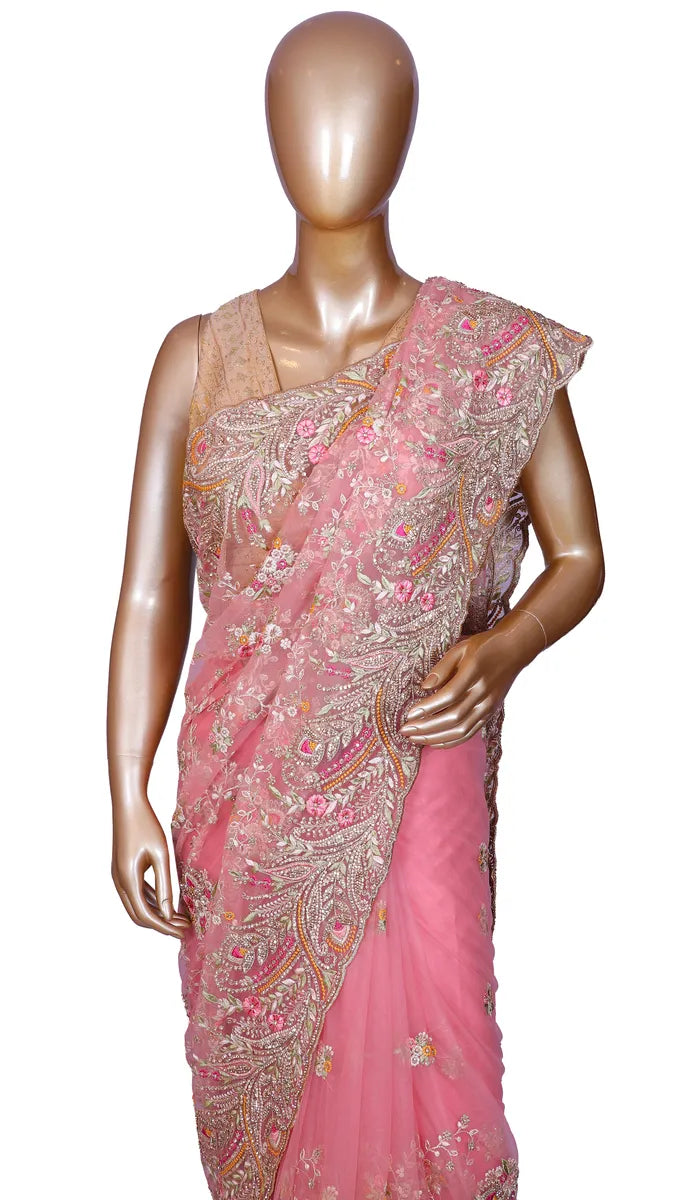 Pink Kashmiri Resham Net Saree with Stone highlights