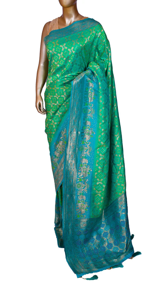 Green with Blue Contrast Silk Saree with Rajwadi and Bandhani weaves
