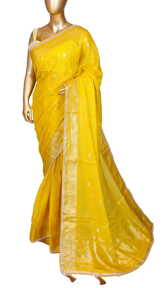 Yellow soft organza saree with Banarasi zari weaving, pearl border, and readymade designer handwork blouse