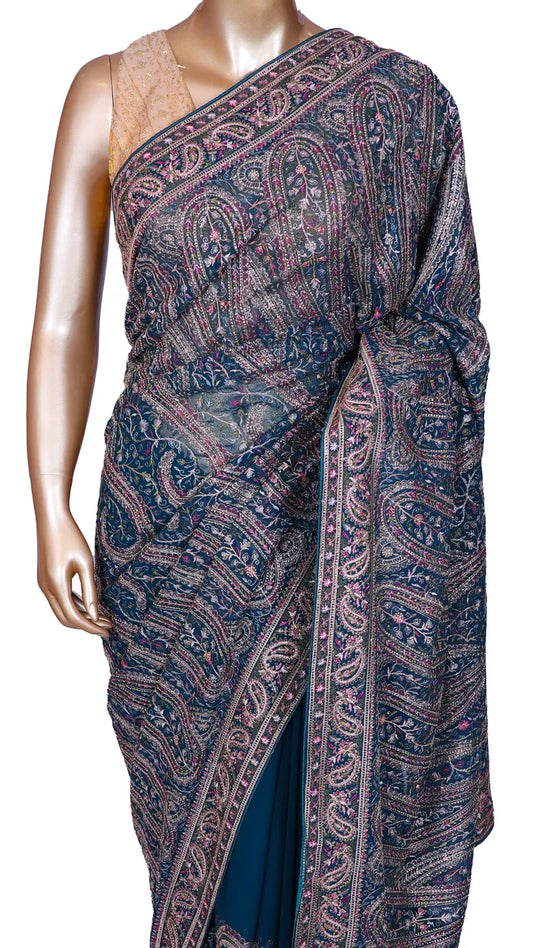 T.Blue Kashmiri Embroidery Saree