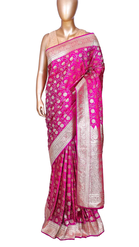 Magenta Pink Banarasi woven Silk Saree with Sworoski highlights