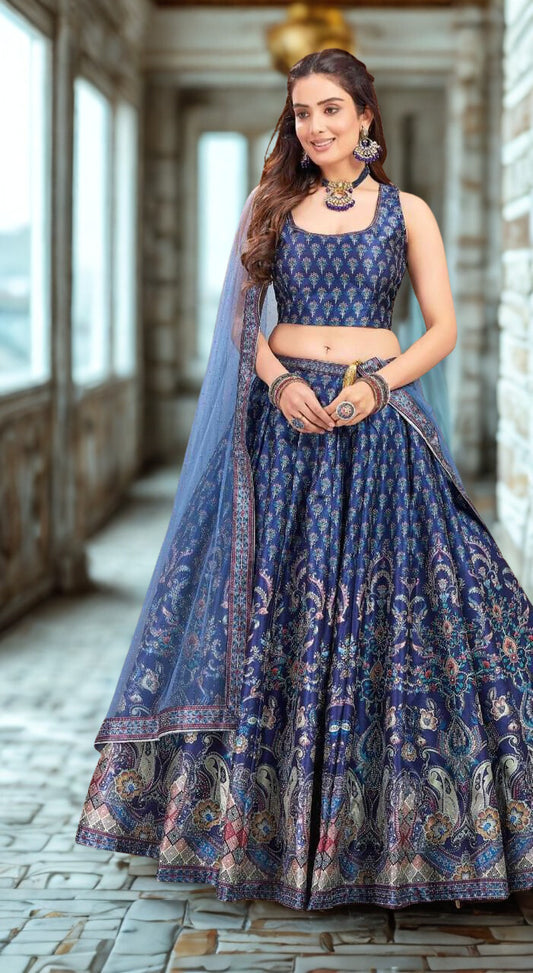 Blue Printed Lehenga with Sworoski highlights