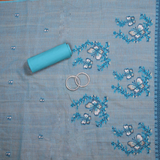 Firozi blue Chanderi silk unstitched suit with resham weaving butterfly motifs and light pearl and bead work on neckline