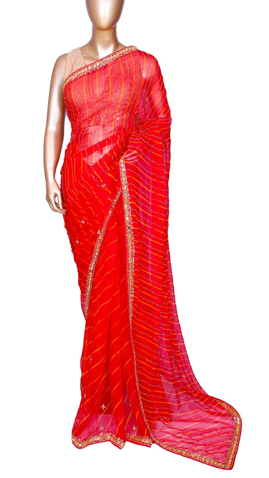 Red leheriya chiffon saree with hand mirror work and katdana