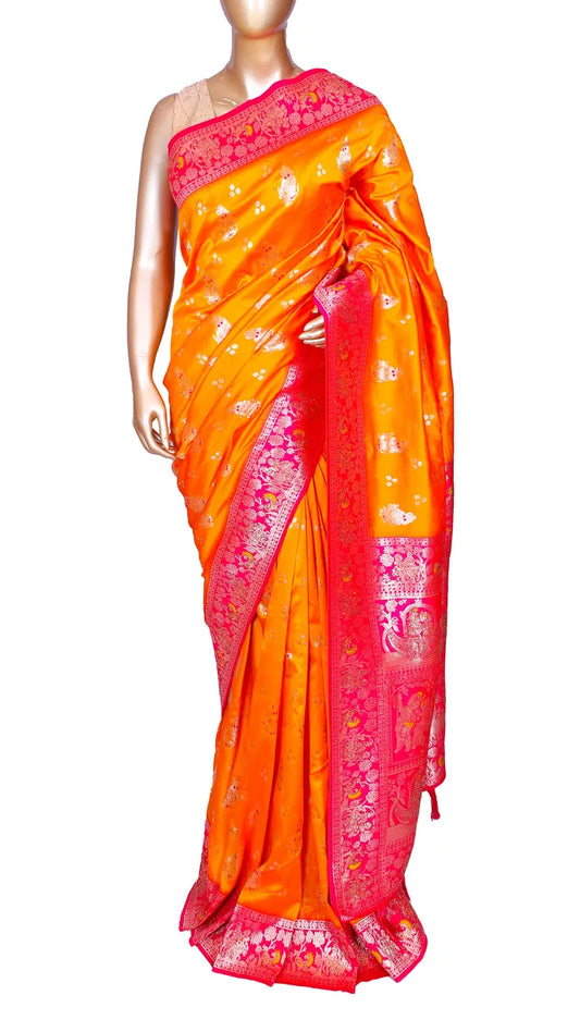Sunset yellow Bangalore soft silk saree with Banarasi zari weaving and contrast border, pallu, and blouse