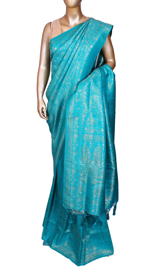 Firozi blue Bangalore soft silk saree with zari weaving