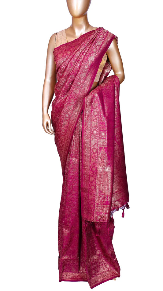Magenta pink Bangalore soft silk saree with zari weaving