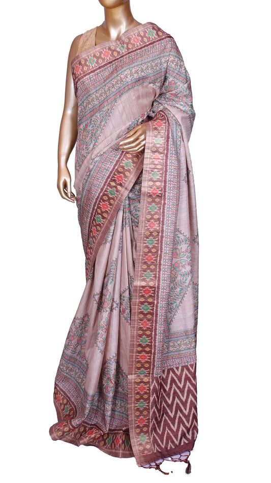 Beige tussar blend saree with Kalamkari prints and Patola border